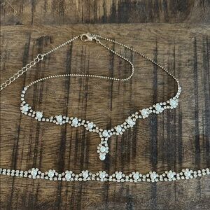 Claire's Gold and White Crystal and pearl Necklace and bracelet